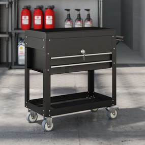 Carrinho de Ferramentas com Rodas Carrinho de Oficina Móvel com Tampa Deslizante 2 Gavetas com Fecho Bandeja 77,5–130x38x80 cm Preto
