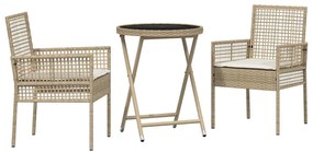 Conjunto de Bistro de Jardim 3 Peças com Almofadas Bege em Rattan Poli