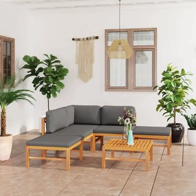 vidaXL 6 pcs conj. lounge de jardim + almofadões cinzentos teca maciça