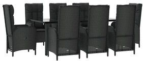 9 pcs conjunto de jantar p/ jardim c/ almofadões vime PE preto