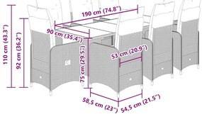 9 pcs conjunto bistrô de jardim c/ almofadões vime PE cinzento