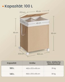 Cesto para roupa suja 100 L com 2 compartimentos e rodas bege natural-branco