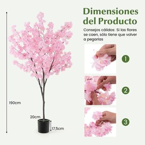 Cerejeira artificial 190 cm de altura Planta de flores sintéticas com 1170 flores cor-de-rosa Vaso de plantas Decoração de escritório em casa