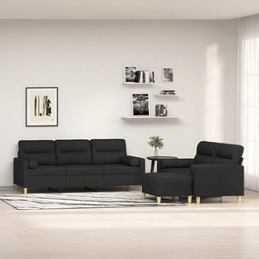 vidaXL 3 pcs conjunto de sofás c/ almofadões tecido preto
