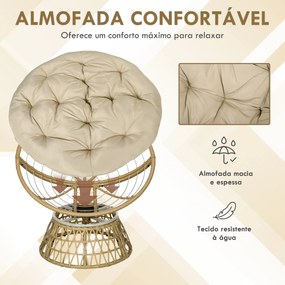 Cadeira Papasan Giratória de Vime Sintético com Almofada Suporta 120 kg para Exterior Jardim Terraço 85x70x82 cm Castanho e Cáqui