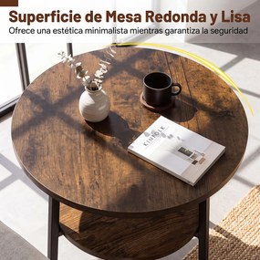 Conjunto de 2 Mesas Auxiliares Redondas, 39 x 39 x 57 cm, Dois Níveis, Castanho e preto