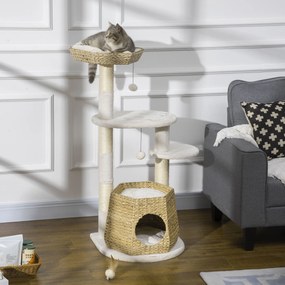 Árvore Arranhador para Gatos Médios Altura 119cm Torre para Gatos com Cama Superior Almofadas 2 Plataformas Poste de Sisal Caverna e Bolas Suspensas 50x50x119cm Bege e Creme