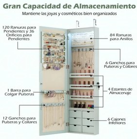 Armário para joias com espelho, iluminação LED 36,5 x 11,5 x 120 cm, fechadura para montar na porta e na parede, Verde