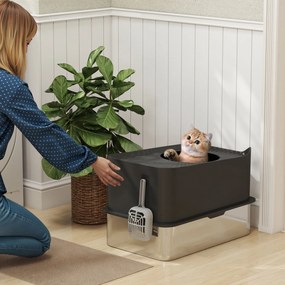 Caixa de areia para gatos em aço inoxidável com 85 L de grande capacidade, casa de higiene semi-fechada, 60 x 40 x 38 cm, preta