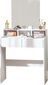 Toucador com espelho, mesa de maquilhagem com 2 gavetas e 3 compartimentos, estilo moderno, 75 x 38 x 135 cm, branco