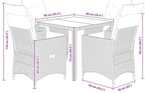 5 pcs conjunto de jantar p/ jardim c/ almofadões vime PE cinza