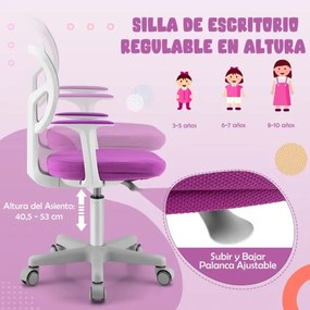 Cadeira de secretária ergonómica para crianças com rodas Cadeira giratória para computador Apoio lombar ajustável em altura Violeta