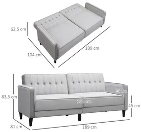 HOMCOM Sofá de 2 Lugares Convertível em Cama Estofado Aveludado com Encosto Ajustável e Pés de Madeira para Sala de Estar Escritório 189x81x83,5cm Cinza