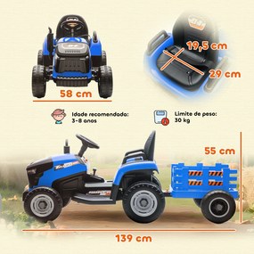 Trator Elétrico para Crianças com Reboque Desmontável Bateria 12V Velocidade 3-5 km/h Controle Remoto 2,4G 139x58x55 cm Azul