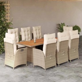 vidaXL 9 pcs conjunto de jantar p/ jardim com almofadões vime PE bege