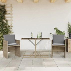 vidaXL 3 pcs conjunto bistrô com almofadões vime PE bege misturado