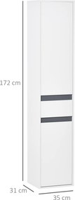 Móvel de coluna para arrumação na casa de banho, estilo contemporâneo, com 2 armários, 3 prateleiras e uma gaveta deslizante, em painéis de aglomerado