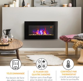Lareira elétrica de parede 1000/2000 W 72,5 x 11,5 x 40 cm, lareira decorativa com efeito de chama em 7 cores ajustáveis, , preta