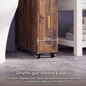 Armário de Casa de Banho Estreito, 50 x 16 x 69 cm, Rodas com Travão, Castanho+Preto