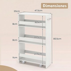 Carrinho cozinha estreito de 20 cm para cozinha com 4 prateleiras, rodas bloqueáveis, pega e grades deslizantes para sala de estar e cozinha, branco