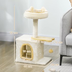 Árvore para gatos de 72 cm, poleiro macio, plataforma em forma de peixe, compartimentos abertos, postes de sisal, bola, bege