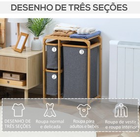 HOMCOM Cesto para Roupa Suja de Bambu Cesto de Roupa com 3 Bolsas de T