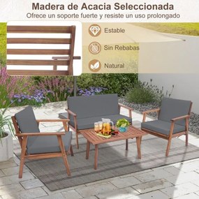 Conjunto de móveis de jardim de 4 peças em madeira de acácia com 1 mesa de centro, 2 cadeiras e 1 sofá para pátio, terraço ou varanda, cinza