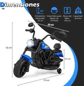 Mota elétrica infantil de 6 V com farol LED, música, 2 rodas, pedais de treino e espelhos retrovisores – a partir dos 18 meses – Preto + Azul