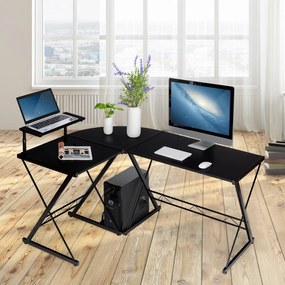 Mesa de computador angular em forma de L com elevação para monitor Ideal para casa e escritório 147 x 112 x 79 cm Preto