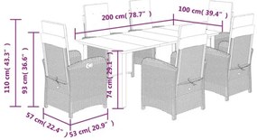 7 pcs conjunto de jantar p/ jardim com almofadões vime PE bege