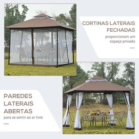 Pérgola de Jardim com Teto Duplo e Rede Mosquiteira com Fecho 295x295x270 cm Castanho e Branco