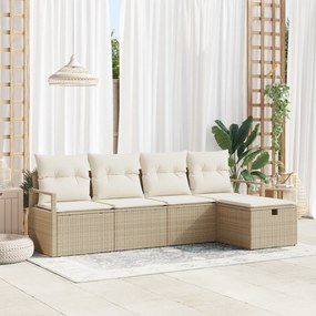 Conjunto de Sofá de Jardim de 5 Peças com Almofadas Bege Rattan PE