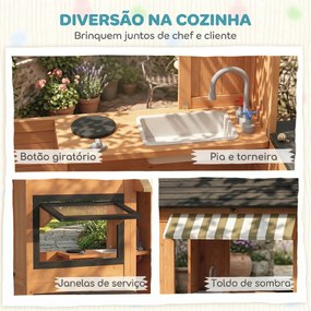 Casa Infantil em Madeira Casinha de Brincar com Cozinha de Brinquedo e Banco de Piquenique Casa de Jardim para Crianças de 3-8 Anos Castanho