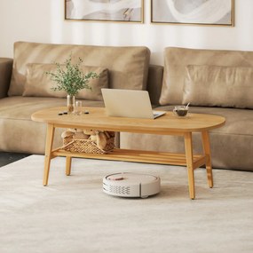 Mesa de Centro de 2 Níveis Moderna com Prateleira Aberta Inferior e Pernas de Madeira de Borracha 120x60x42 cm Madeira
