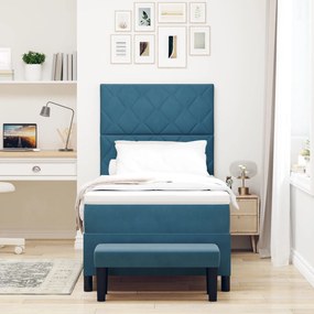 Cama Box Spring com Colchão &amp; Banco Azul Escuro 90x200 cm Veludo