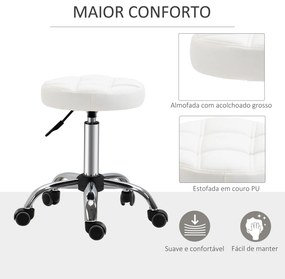 HOMCOM Banco Giratório com Rodas Altura Ajustável entre 48-63cm Banco de Trabalho Estofado em Couro PU para Salão Dentista Diâmetro Ø35,5cm Branco