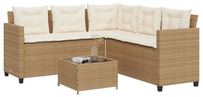 vidaXL Sofá de jardim forma de L c/ mesa e almofadões vime PE bege