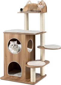 Arranhador para gatos em madeira 81 x 57 x 122 cm com vários níveis, caverna de 2 andares, postes de sisal, 3 plataformas e almofadas laváveis, natura