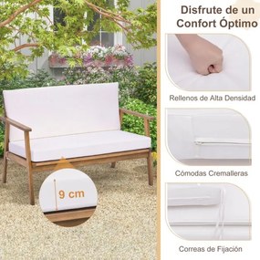 Conjunto de 4 peças: 2 cadeiras simples, 1 sofá de dois lugares e 1 mesa de centro com braços e assento acolchoado branco