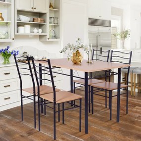 Conjunto de móveis de cozinha de 5 peças, mesa retangular, estrutura de aço, 4 cadeiras, almofadas com encosto alto para sala de jantar, cor de faia