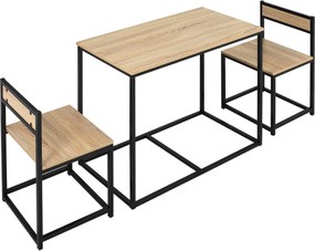 Conjunto de mesa e cadeiras de sala de jantar - Conjunto de 1 mesa + 2 cadeiras encaixáveis para cozinha - metal preto com acabamento em carvalho clar