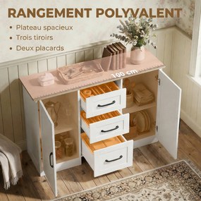 Aparador de sala 110 x 35 x 80,4 cm, móvel de arrumação com 2 portas com fecho suave e 3 gavetas, , branco e madeira natural