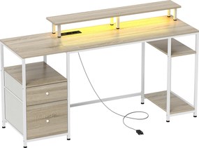 Mesa para Computador com Luzes LED Prateleiras Gavetas Plug Entrada USB e Suporte para Monitor 155,5x48x75,5 cm Madeira