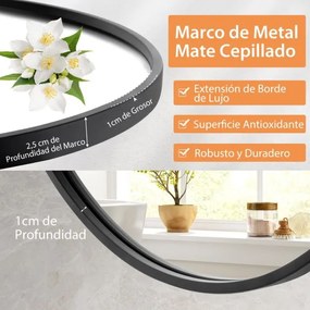 Espelho de casa de banho redondo de 61 cm montado na parede com moldura de metal mate escovado resistente à ferrugem para uma decoração minimalista