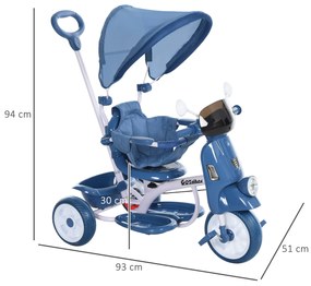 HOMCOM Triciclo evolutivo infantil Carrinho de criança Com função de luz e música Barra de segurança e toldo retrátil Assento giratório 360 ° 93x51x94 cm Azul