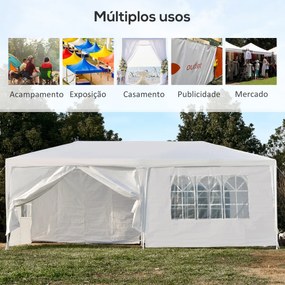 Outsunny Tenda para Festas 6x3 Tenda de Jardim com 2 Portas 4 Paredes Laterais Removíveis e 4 Janelas para Exterior Eventos Casamentos Branco
