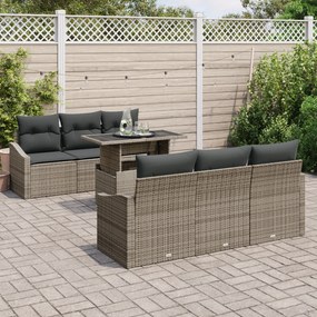 Conjunto de Sofá de Jardim de 7 Peças com Almofadas Cinza Polirattan