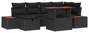 Conjunto de Sofá de Jardim 7 Peças com Almofadas de Rattan Preto em Po