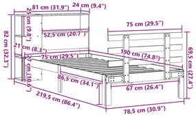 Cama com estante sem colchão 75x190cm pinho maciço castanho-mel