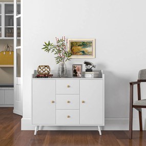 HOMCOM Aparador Sala de Estar Moderno Aparador de Cozinha com 2 Portas 3 Gavetas e Pés de Madeira de Pinho para Sala de Estar Corredor Dormitório 90x32x80 cm Branco